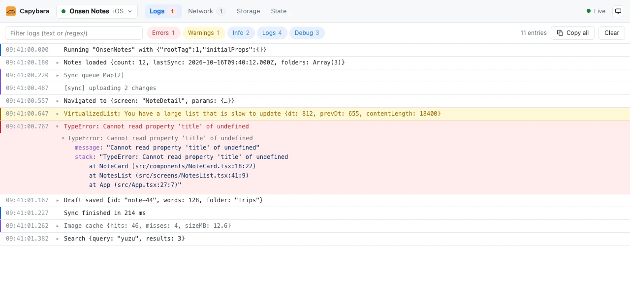 The Logs tab of a React Native app, with an expanded error and its stack.