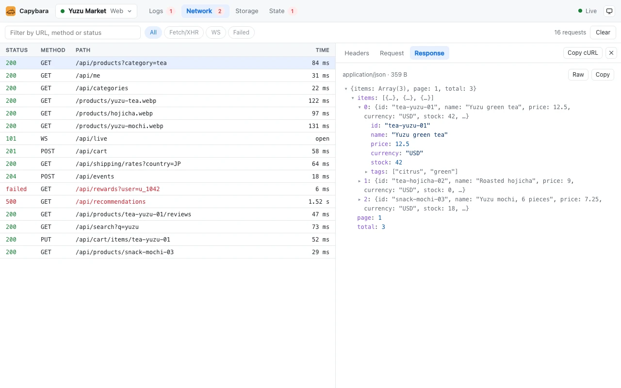 Capybara's Network tab: a list of an app's requests and the JSON response of the selected one.