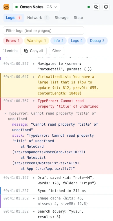 Capybara on a phone, showing a React Native app's logs.