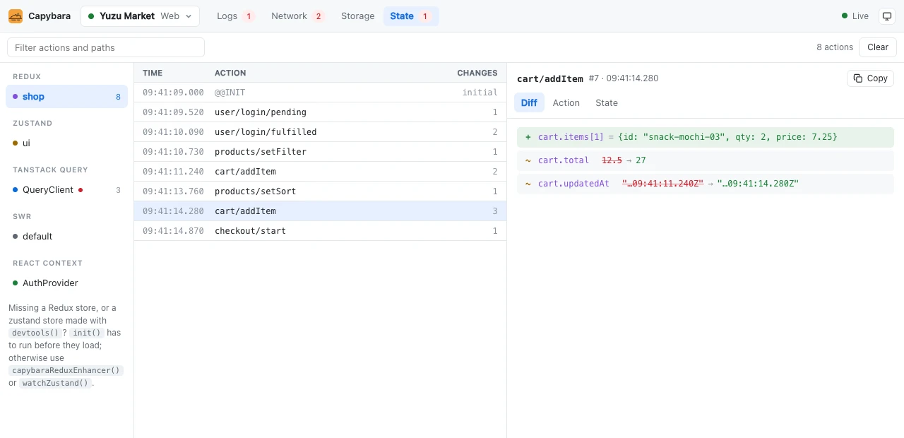 The State tab: a Redux store's actions, and what the selected cart/addItem action changed.