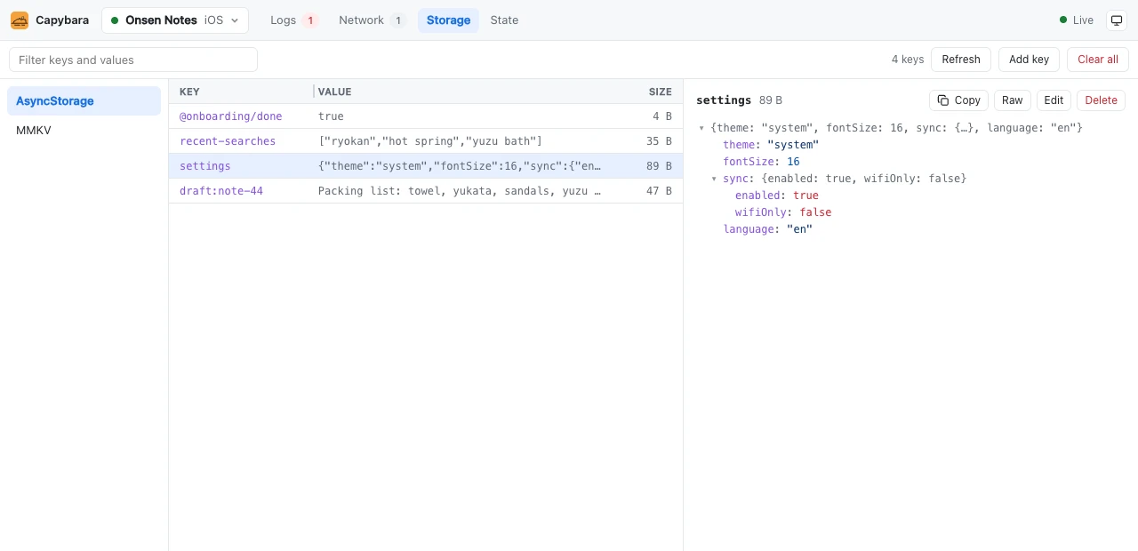 The Storage tab showing AsyncStorage keys and a settings value opened as a JSON tree.