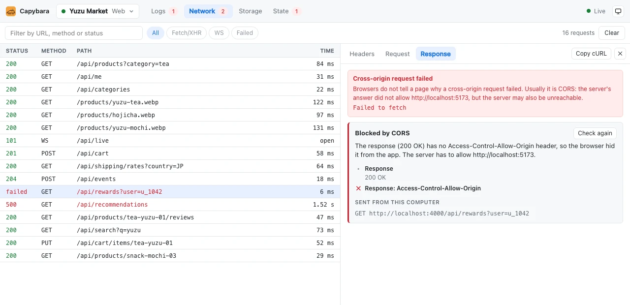 A failed request explained: blocked by CORS because the response has no Access-Control-Allow-Origin header.